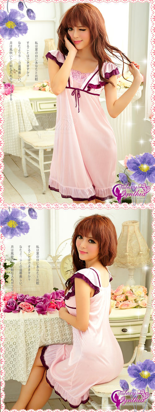 小蓋袖柔緞性感睡衣#3903 (粉+紫)