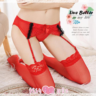 美人爭豔‧蕾絲花邊撞色吊襪帶+大腿蕾絲絲襪(紅)#JU-23171145